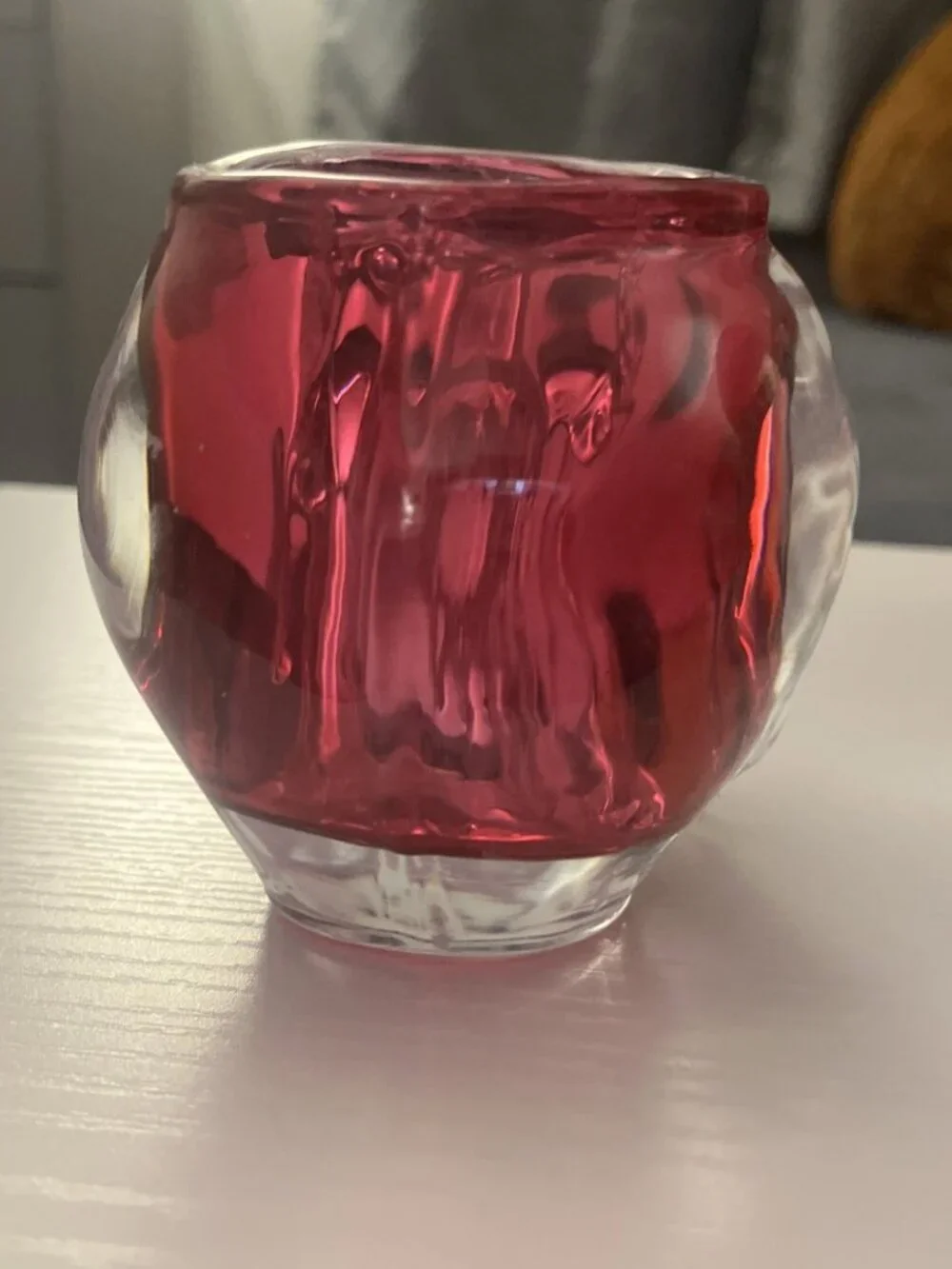 Pink & Clear Art Glass Skull Tealight Candle Holder Halloween 4” Tall